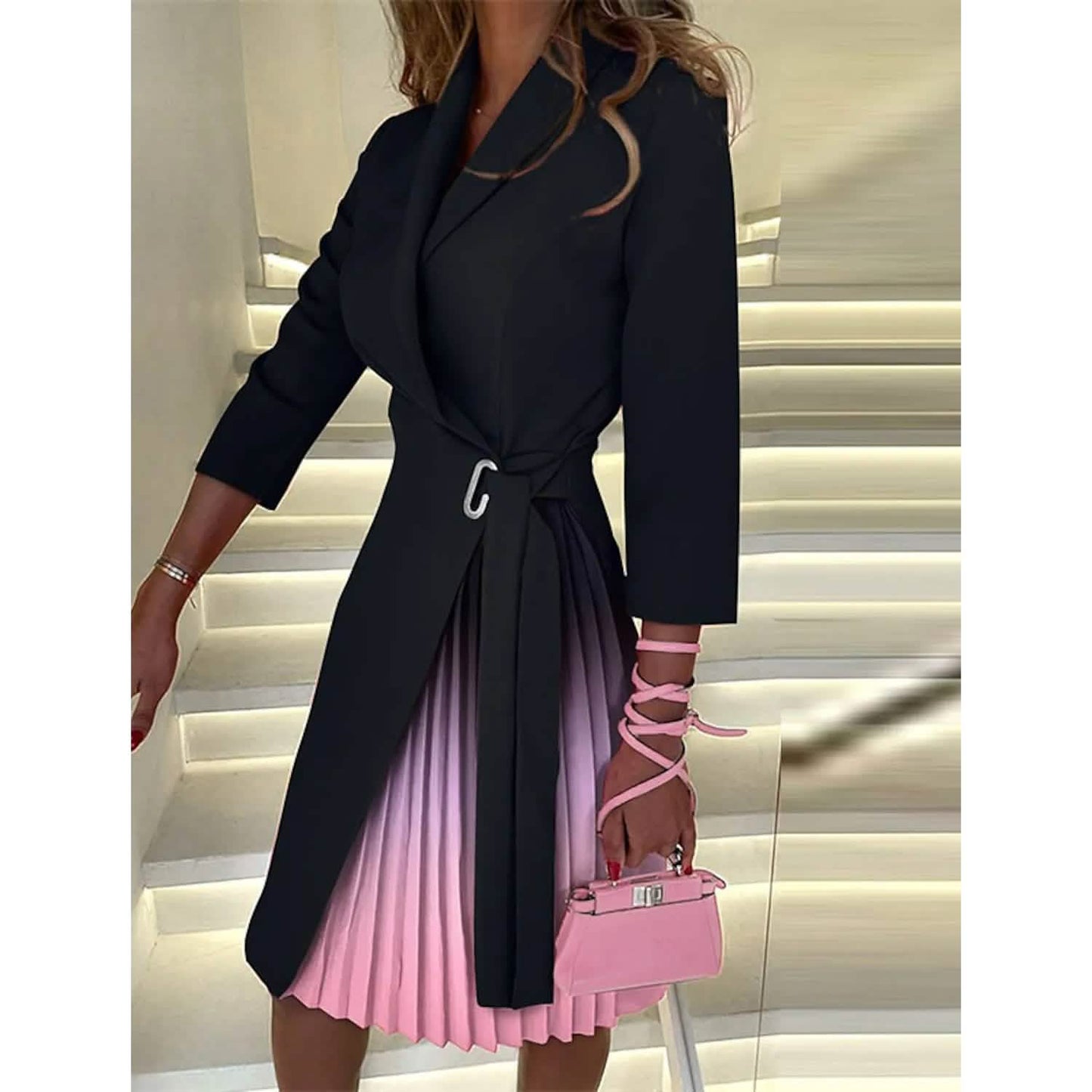 Damen Blazer-Kleid A-Linien-Kleid Knielang Gerafftes Kleid mit Print