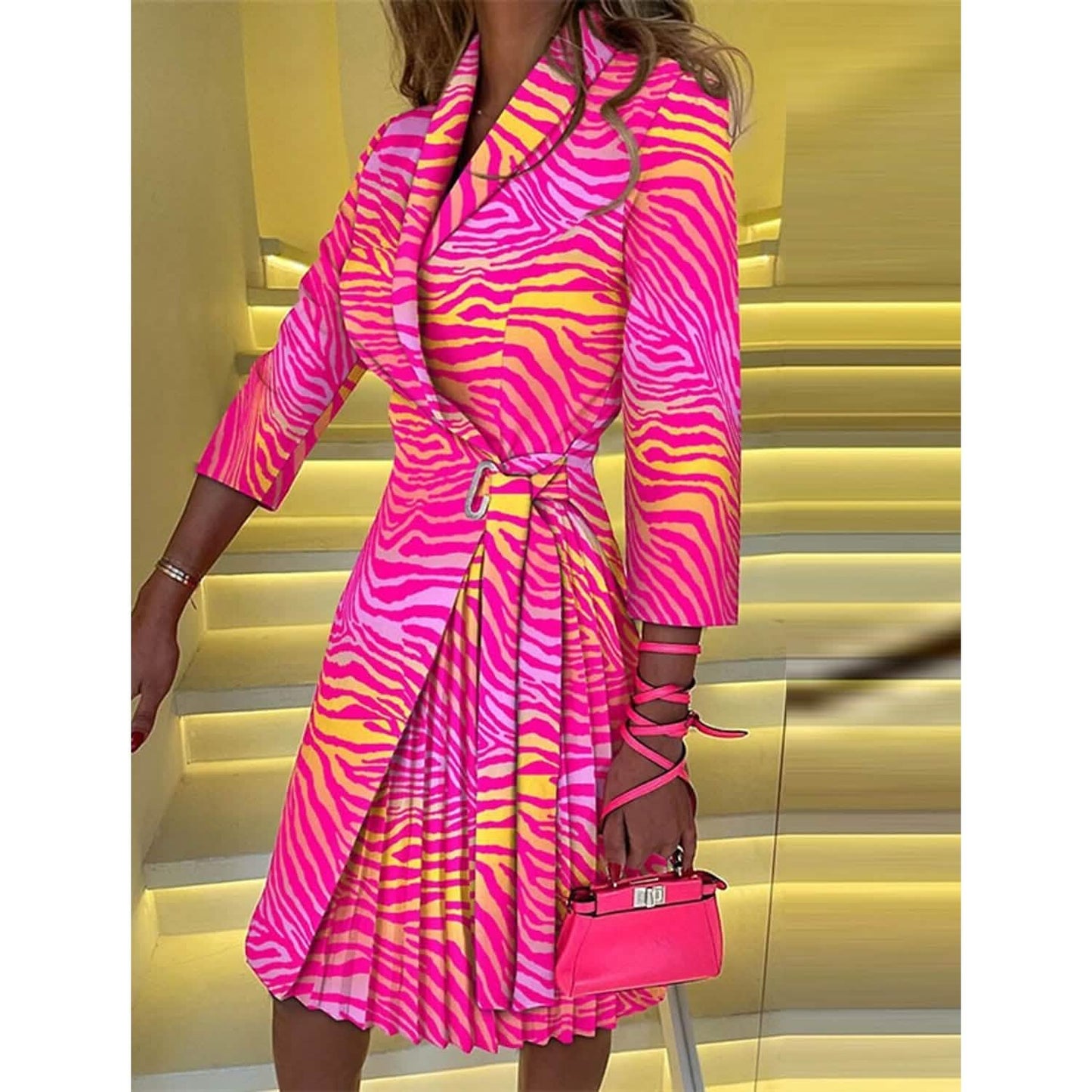 Damen Blazer-Kleid A-Linien-Kleid Knielang Gerafftes Kleid mit Print