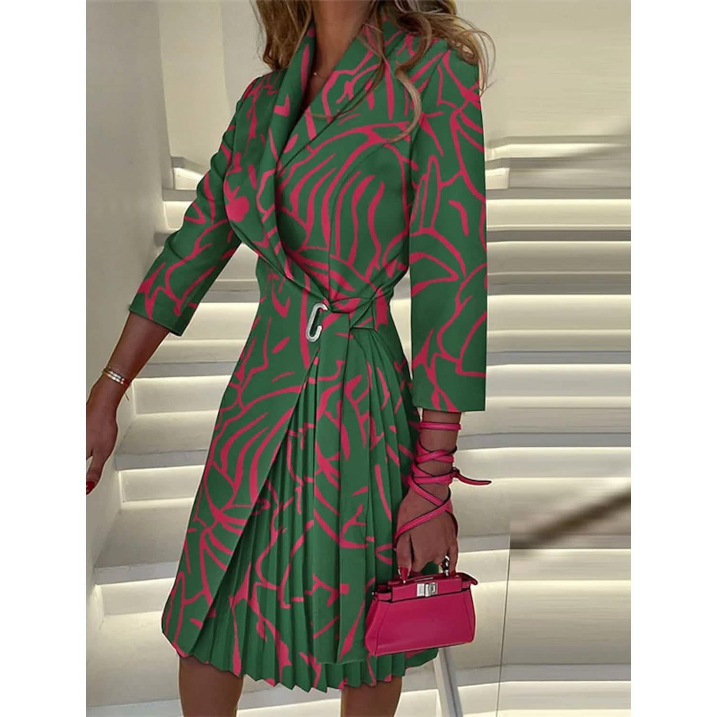 Damen Blazer-Kleid A-Linien-Kleid Knielang Gerafftes Kleid mit Print