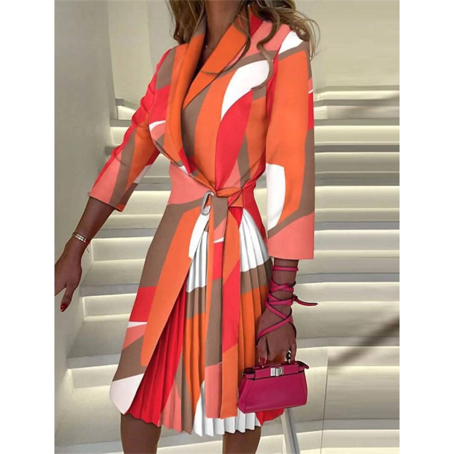 Damen Blazer-Kleid A-Linien-Kleid Knielang Gerafftes Kleid mit Print