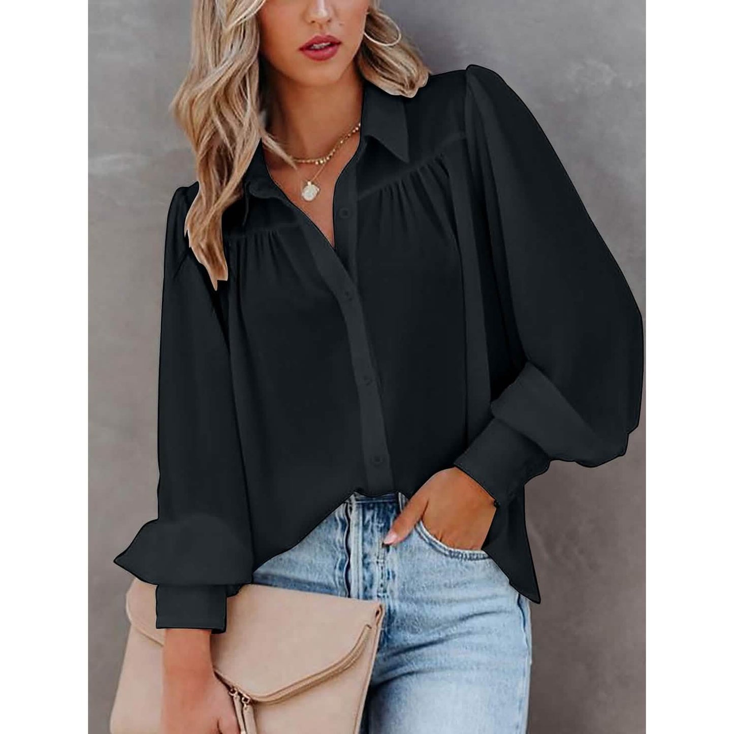 Damenbluse Hemd Uni Knopf Langarm