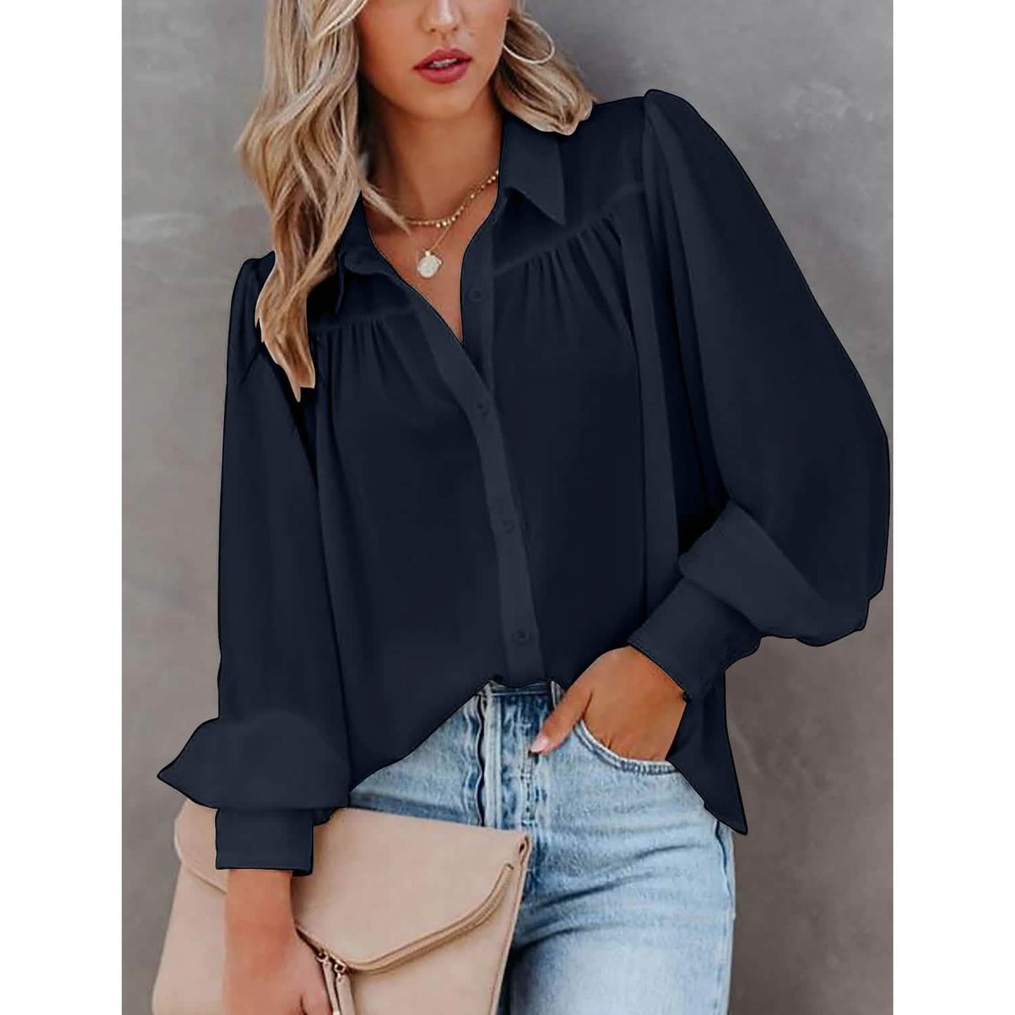 Damenbluse Hemd Uni Knopf Langarm