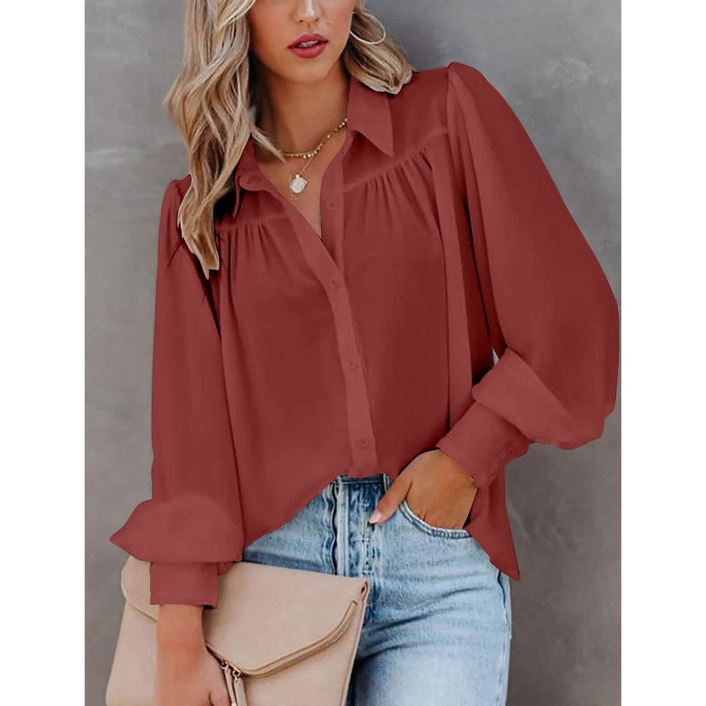 Damenbluse Hemd Uni Knopf Langarm