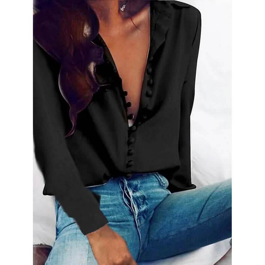 Damen Bluse Hemd Einfarbig Langarm Knopfleiste V-Ausschnitt Basic Oberteile