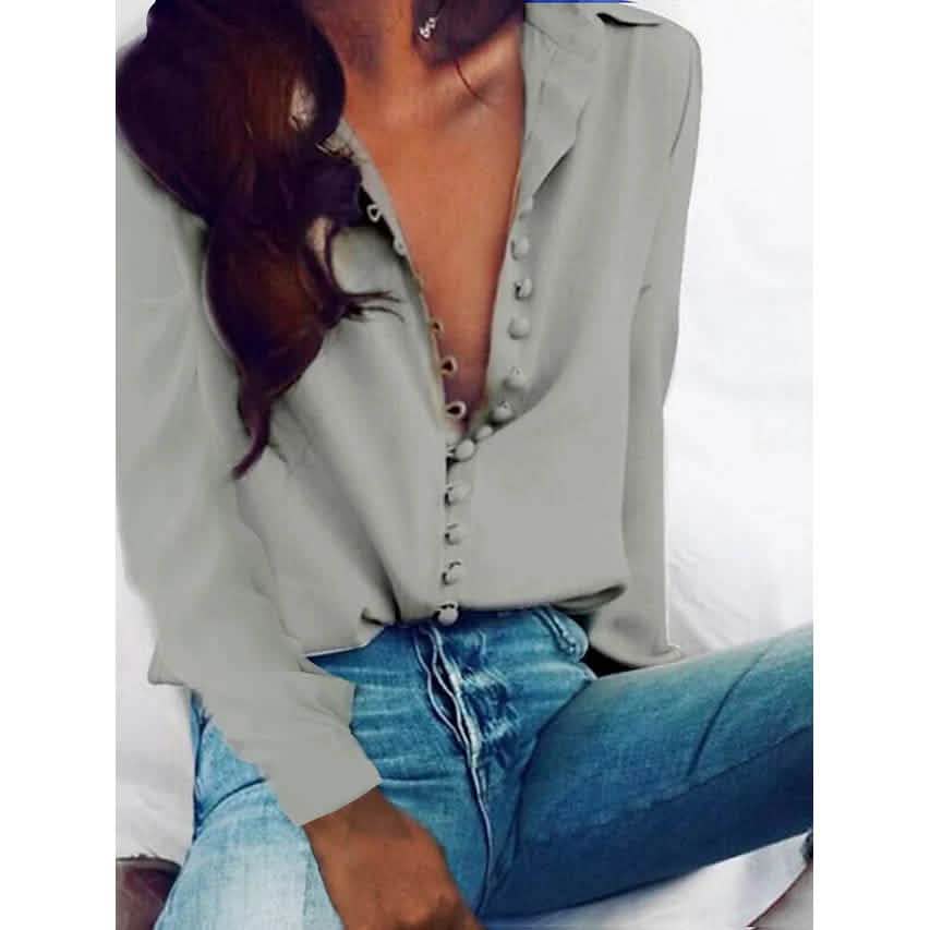 Damen Bluse Hemd Einfarbig Langarm Knopfleiste V-Ausschnitt Basic Oberteile