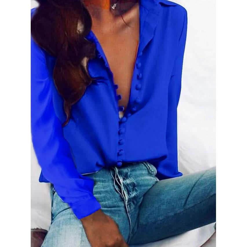 Damen Bluse Hemd Einfarbig Langarm Knopfleiste V-Ausschnitt Basic Oberteile