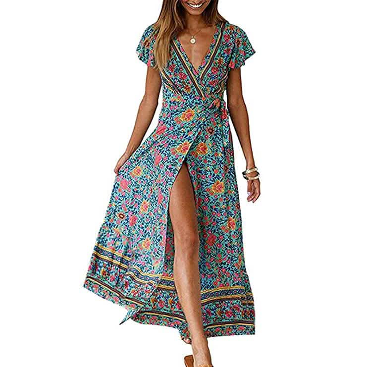 Damen Bohemian Maxikleid mit Blumenmuster, Wickel und V-Ausschnitt