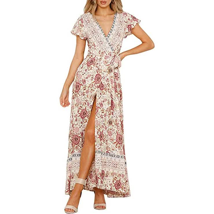 Damen Bohemian Maxikleid mit Blumenmuster, Wickel und V-Ausschnitt