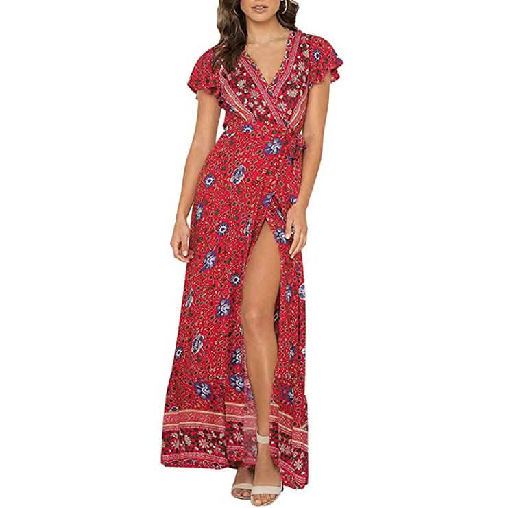 Damen Bohemian Maxikleid mit Blumenmuster, Wickel und V-Ausschnitt