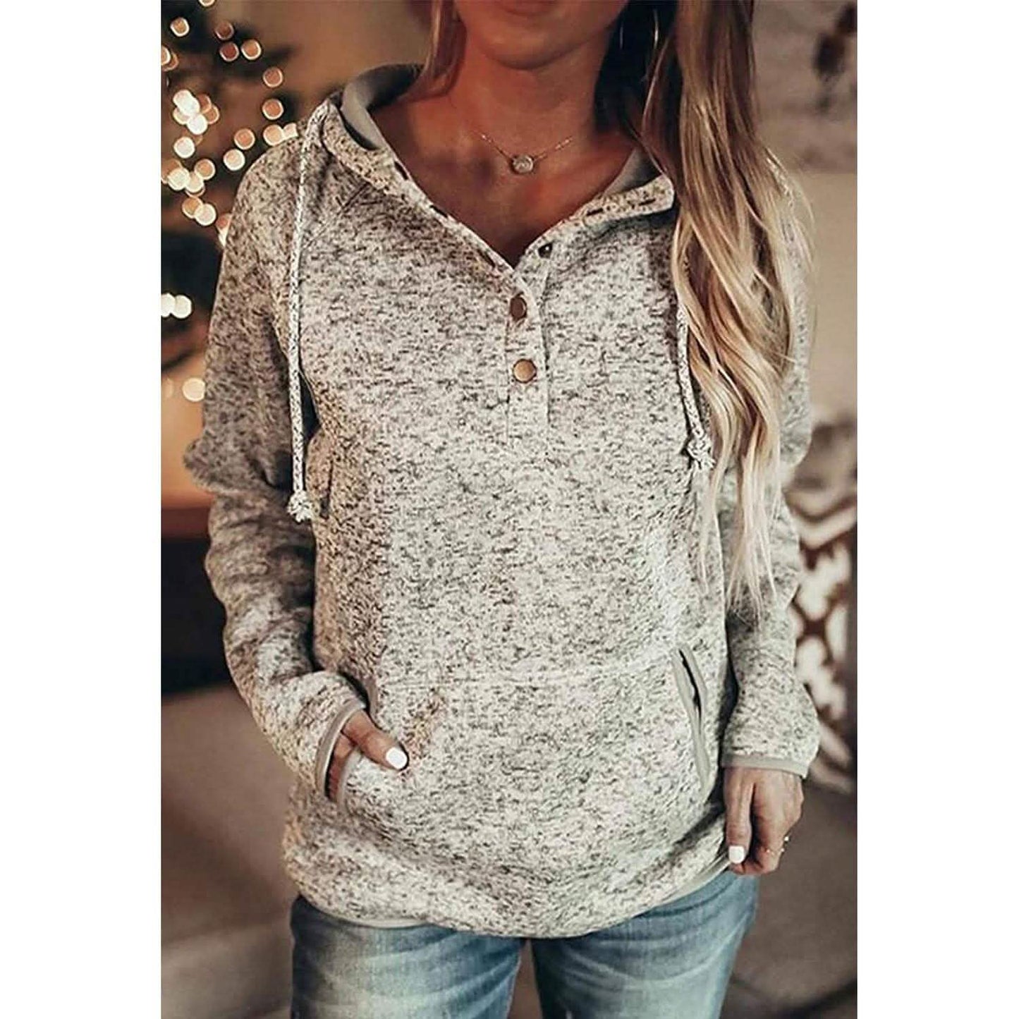 Damen-Sweatshirts mit Knopfkragen, Kordelzug und Steppung, Hoodies, Pullover