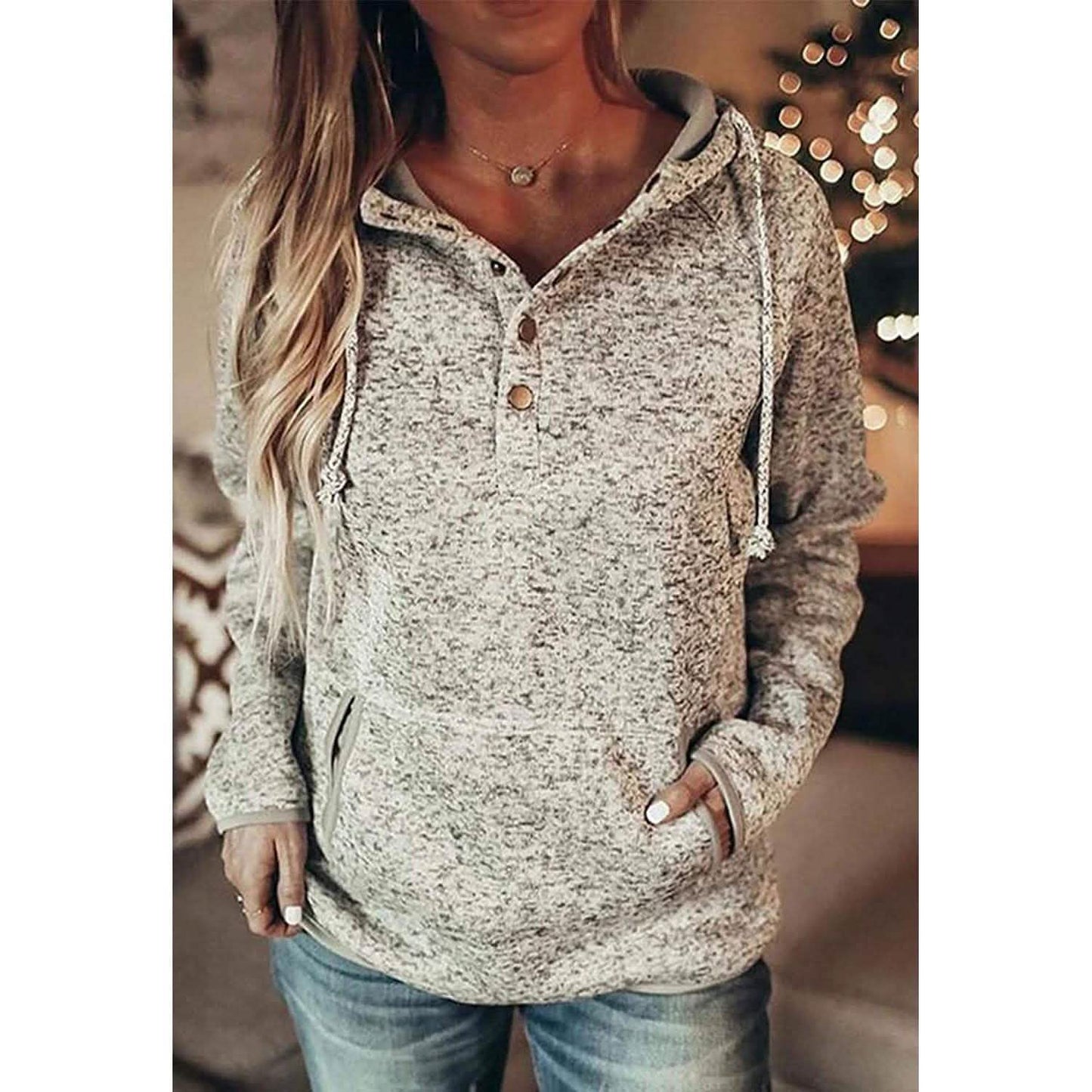 Damen-Sweatshirts mit Knopfkragen, Kordelzug und Steppung, Hoodies, Pullover