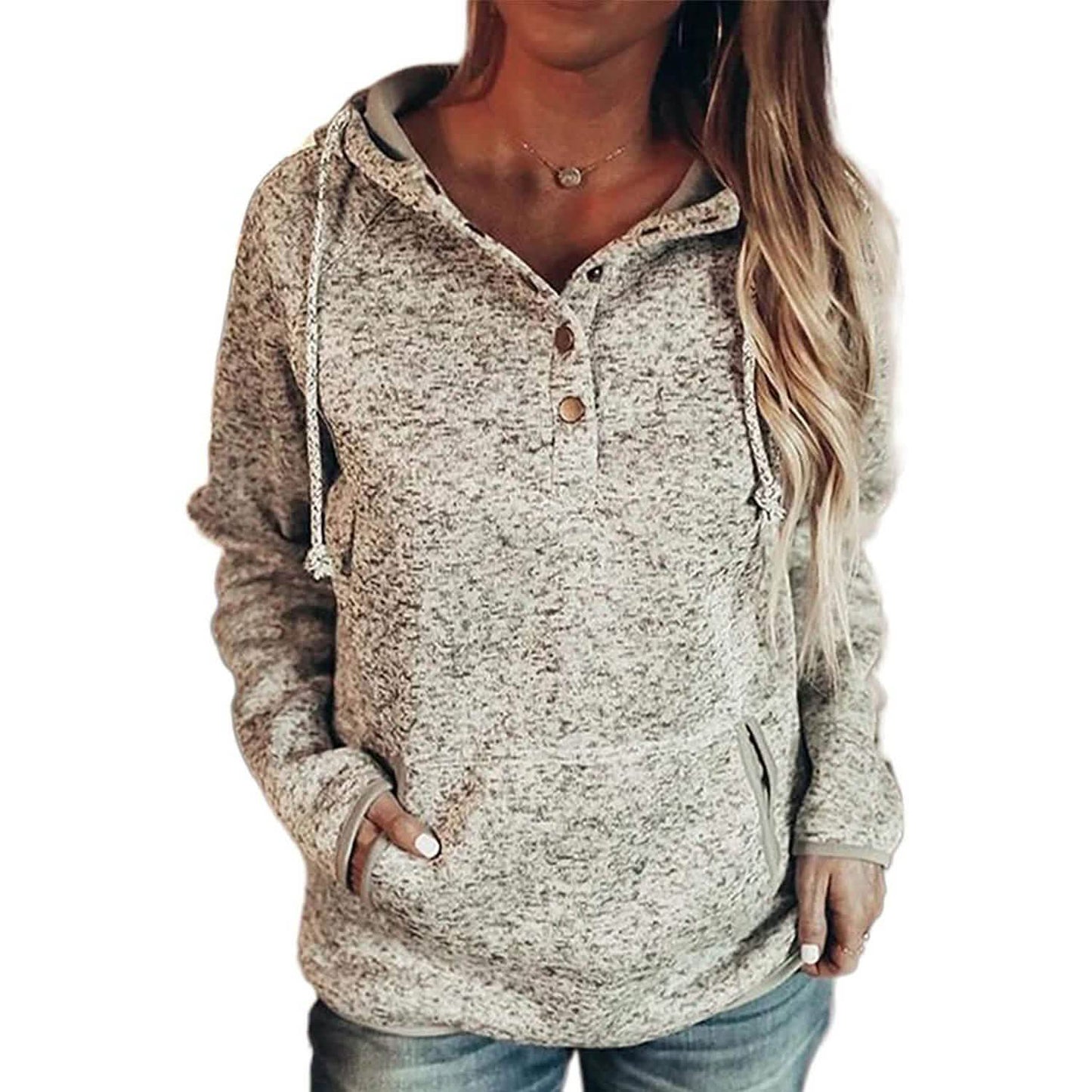 Damen-Sweatshirts mit Knopfkragen, Kordelzug und Steppung, Hoodies, Pullover