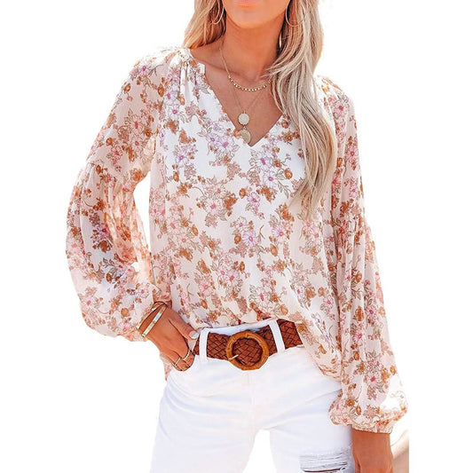 Damen Freizeit Boho Bluse mit Blumenmuster, V-Ausschnitt und langen Ärmeln