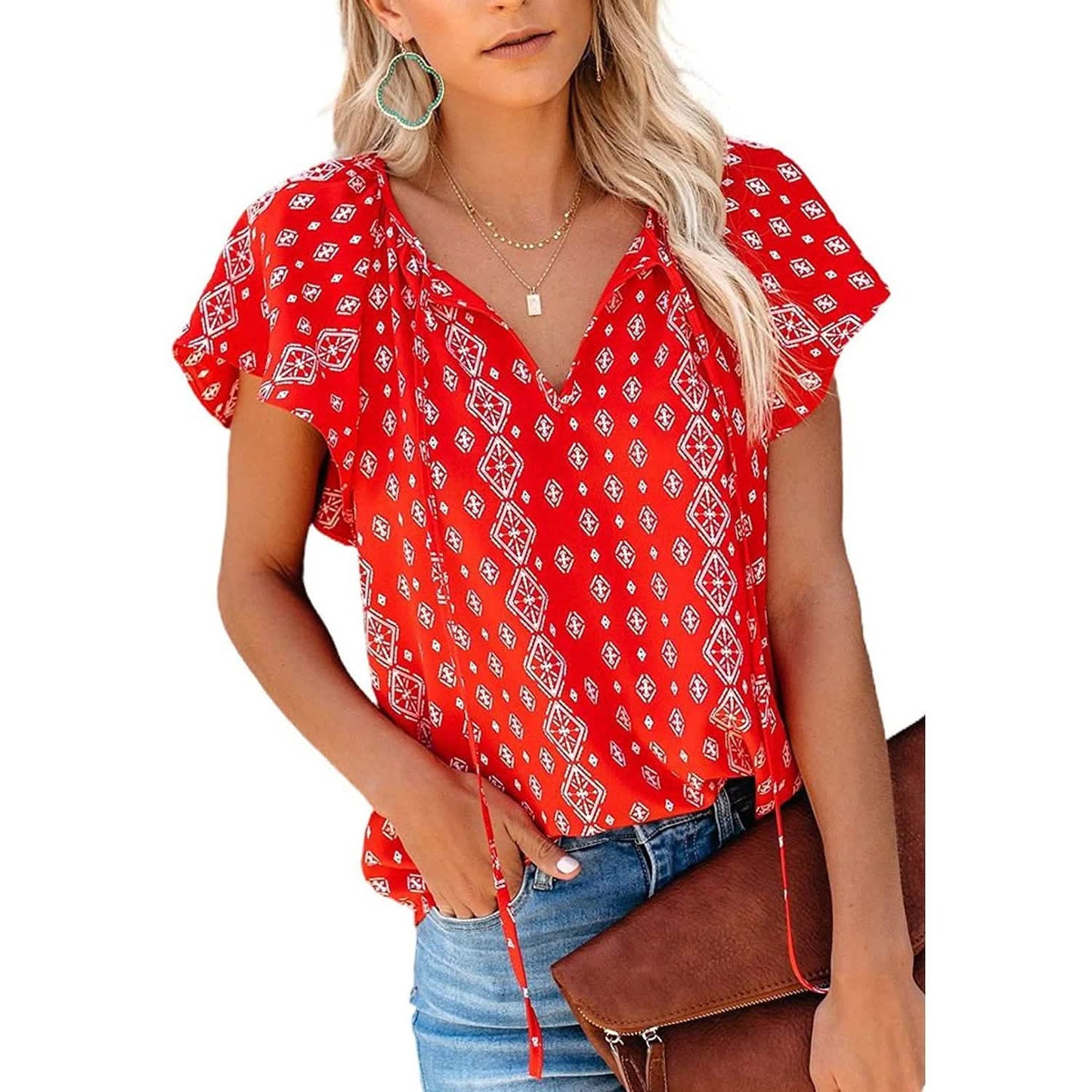 Damen lässige Boho Bluse mit Blumenmuster V-Ausschnitt Tunika