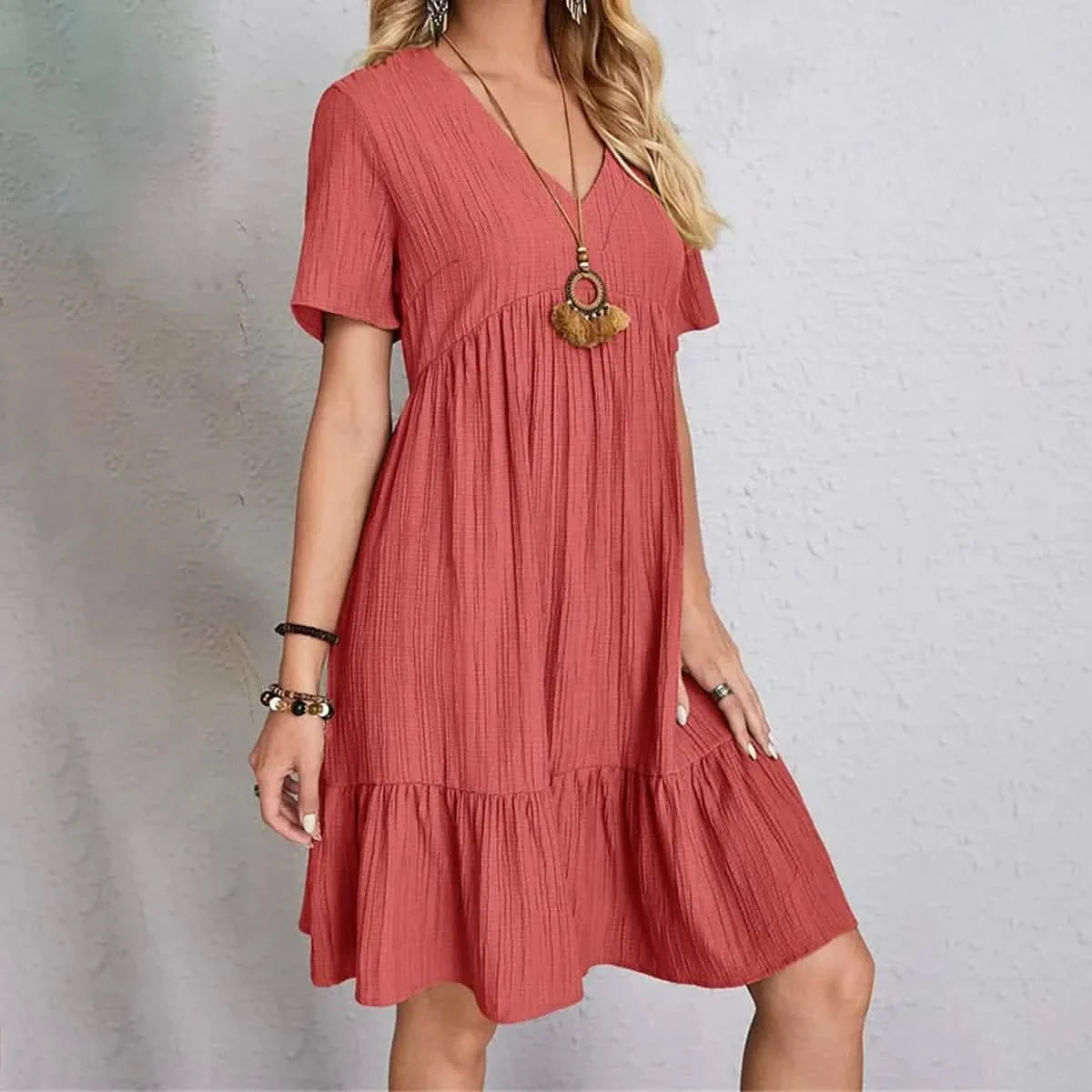 Damen Freizeitkleid mit V-Ausschnitt und Rüschen, Midi-Shift-Kleid