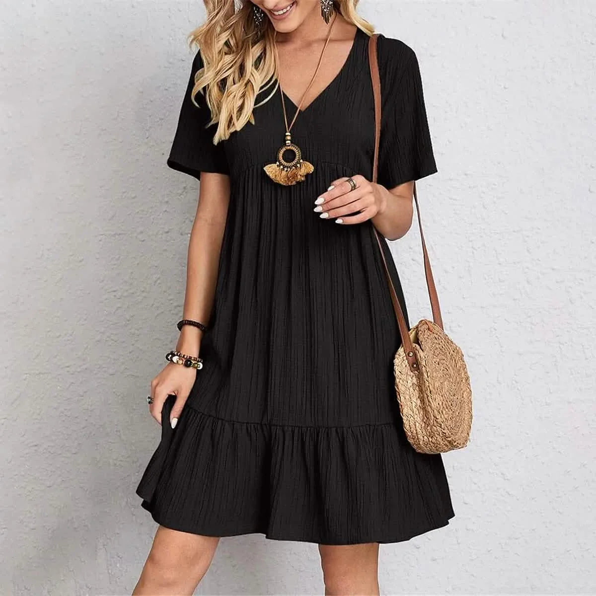 Damen Freizeitkleid mit V-Ausschnitt und Rüschen, Midi-Shift-Kleid