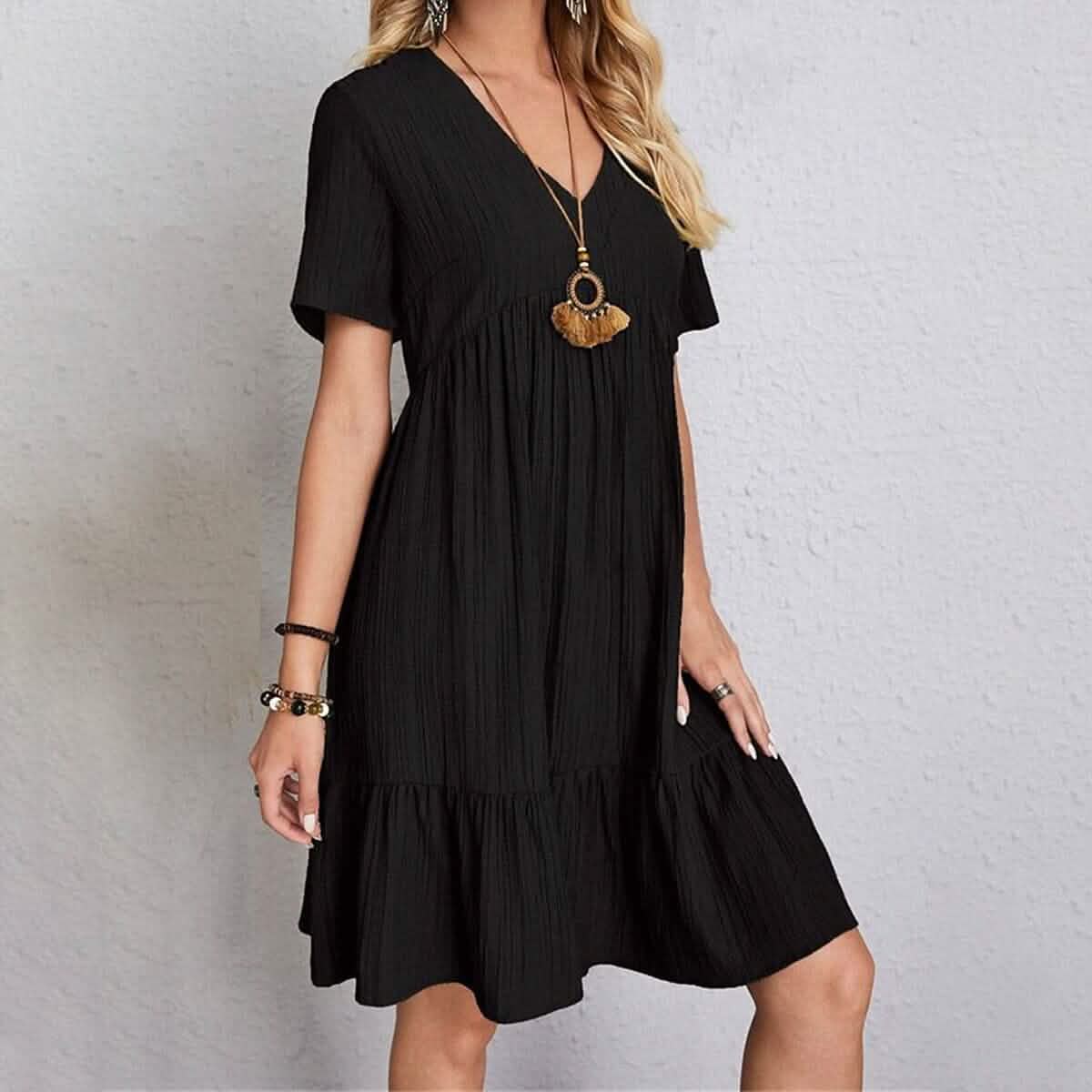 Damen Freizeitkleid mit V-Ausschnitt und Rüschen, Midi-Shift-Kleid