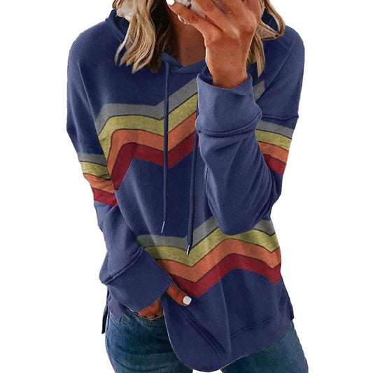 Damen Freizeit Hoodie Gestreift Bedruckte Sweatshirts Langarm Tunnelzug Pullover