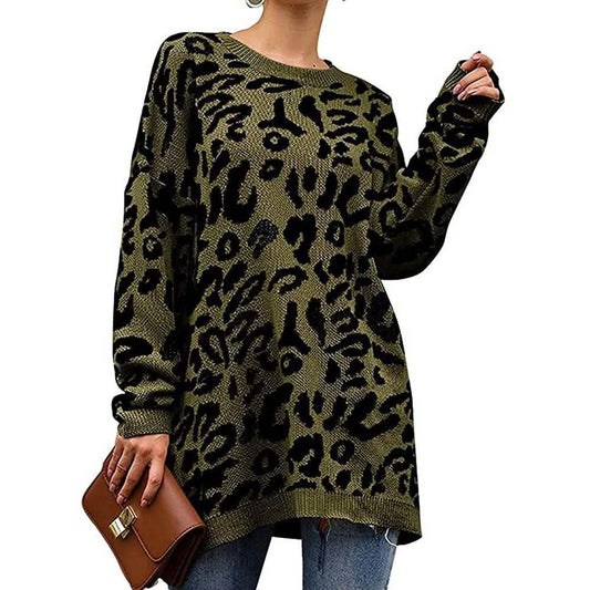 Damen lässiger Leopardendruck Langarm Rundhals Strick Oversize Pullover Sweater Oberteile