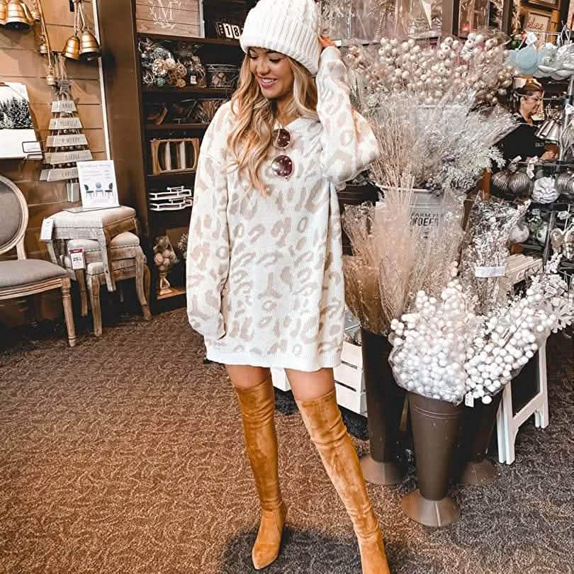 Damen lässiger Leopardendruck Langarm Rundhals Strick Oversize Pullover Sweater Oberteile
