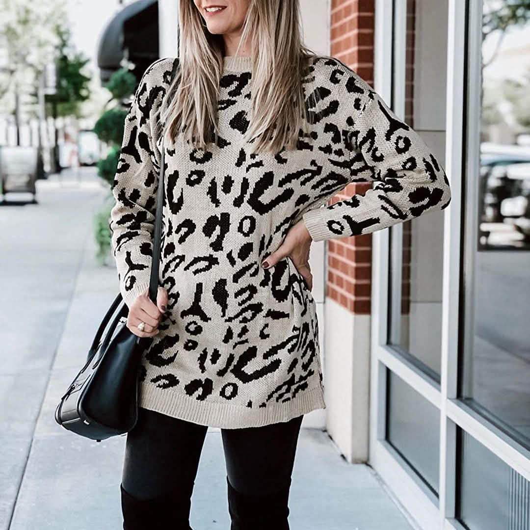 Damen lässiger Leopardendruck Langarm Rundhals Strick Oversize Pullover Sweater Oberteile