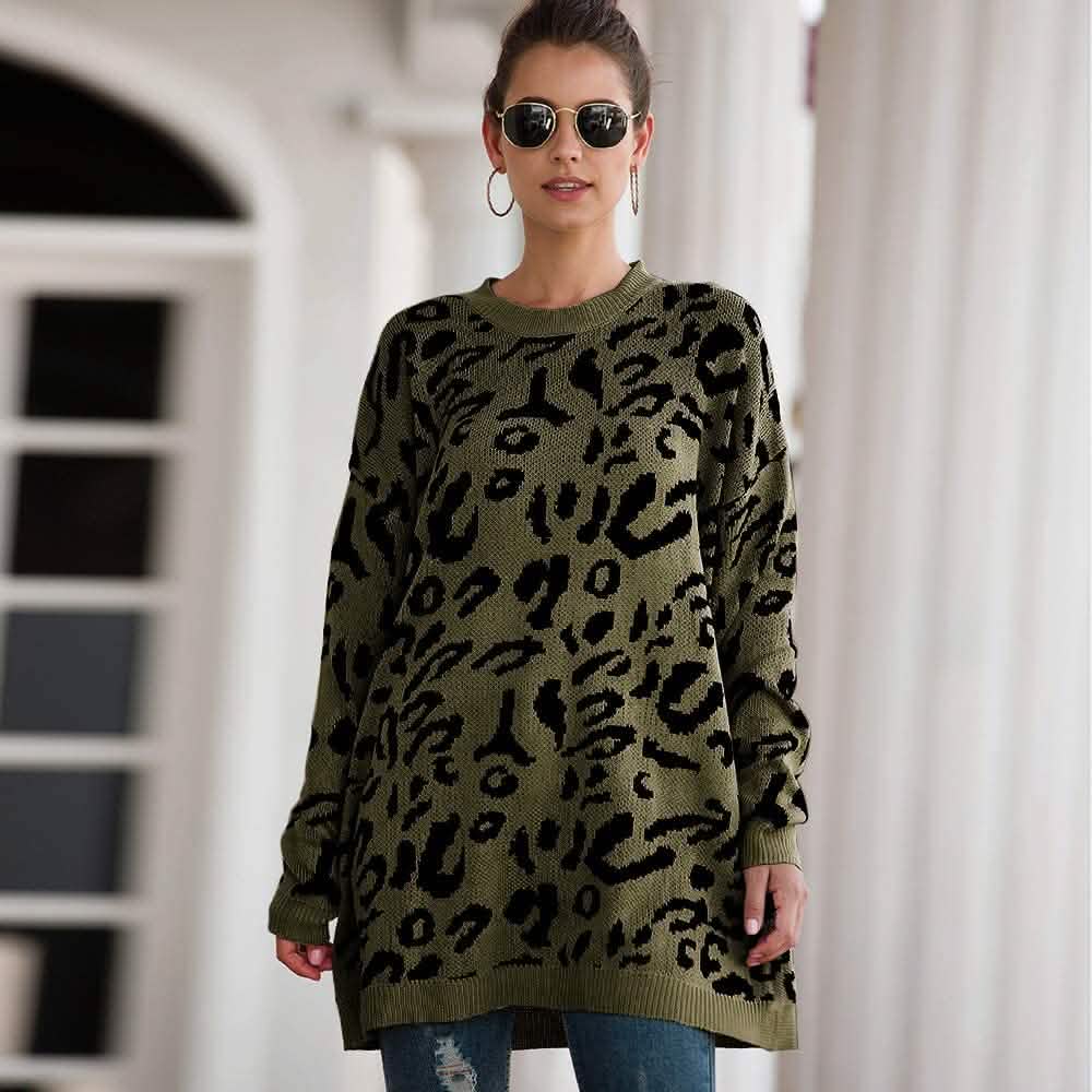 Damen lässiger Leopardendruck Langarm Rundhals Strick Oversize Pullover Sweater Oberteile