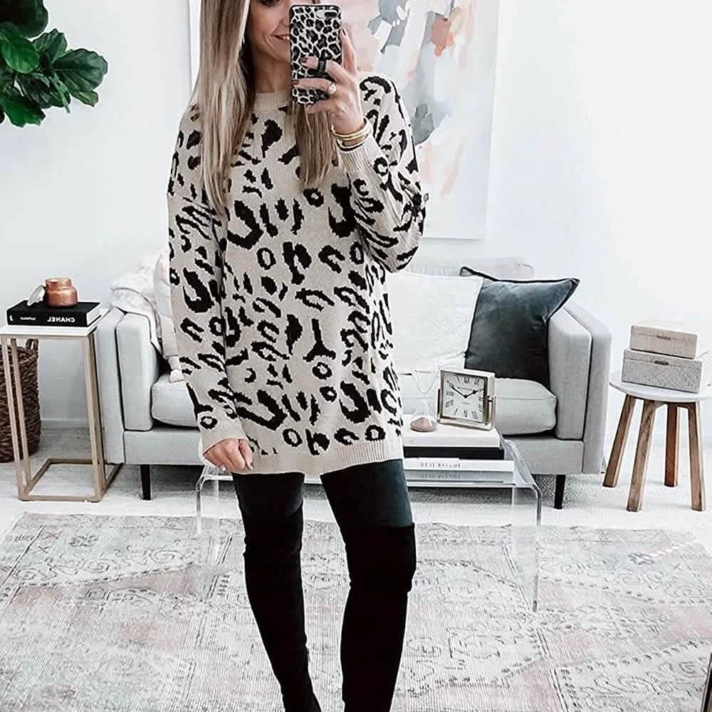 Damen lässiger Leopardendruck Langarm Rundhals Strick Oversize Pullover Sweater Oberteile