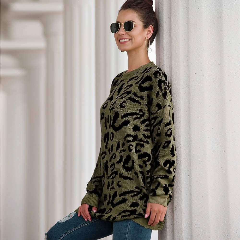 Damen lässiger Leopardendruck Langarm Rundhals Strick Oversize Pullover Sweater Oberteile