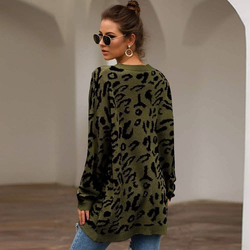 Damen lässiger Leopardendruck Langarm Rundhals Strick Oversize Pullover Sweater Oberteile