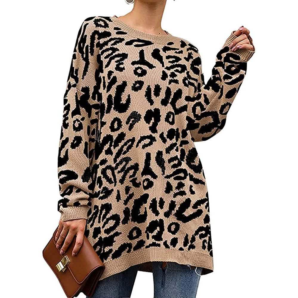 Damen lässiger Leopardendruck Langarm Rundhals Strick Oversize Pullover Sweater Oberteile