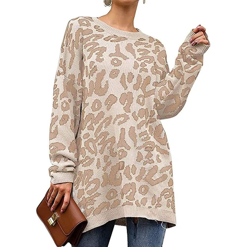 Damen lässiger Leopardendruck Langarm Rundhals Strick Oversize Pullover Sweater Oberteile