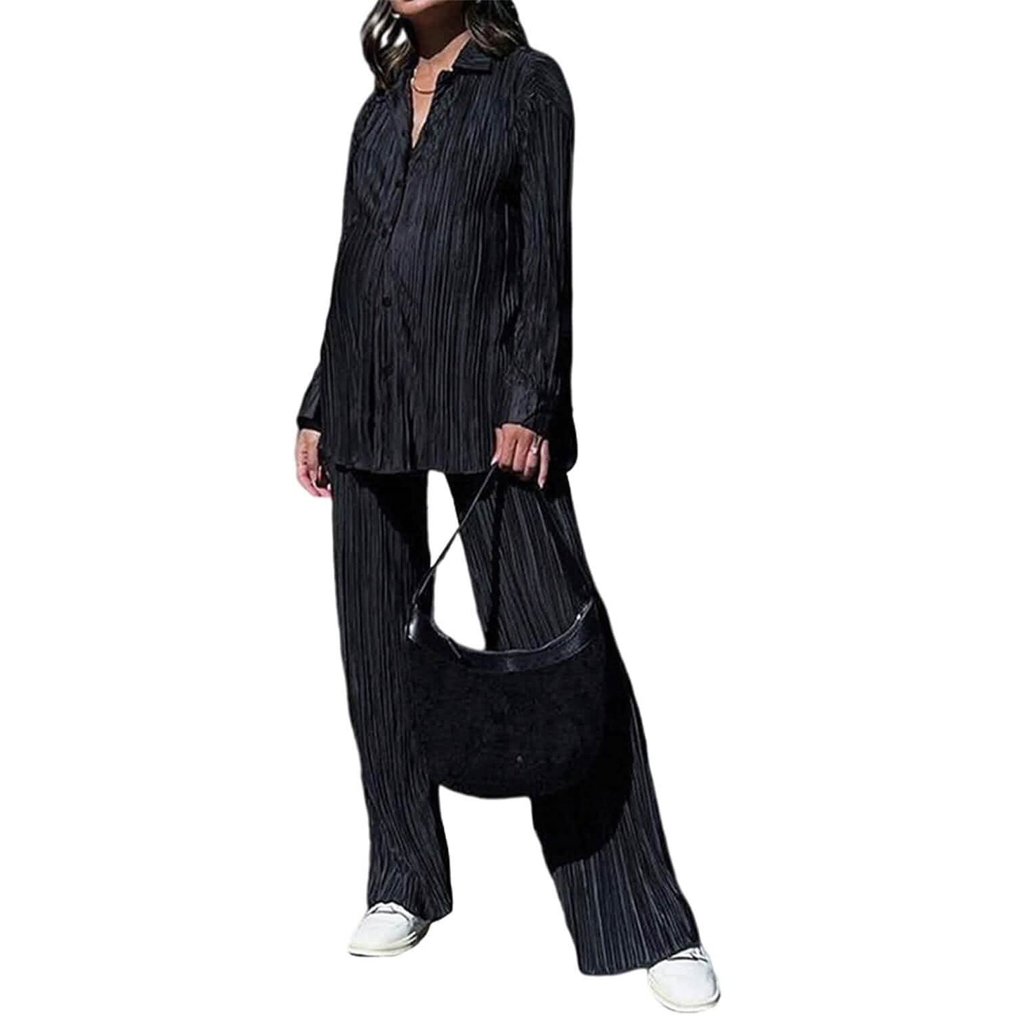 Damen lässige Langarm-Knopfbluse, weites Bein, lockere Streetwear, Loungewear