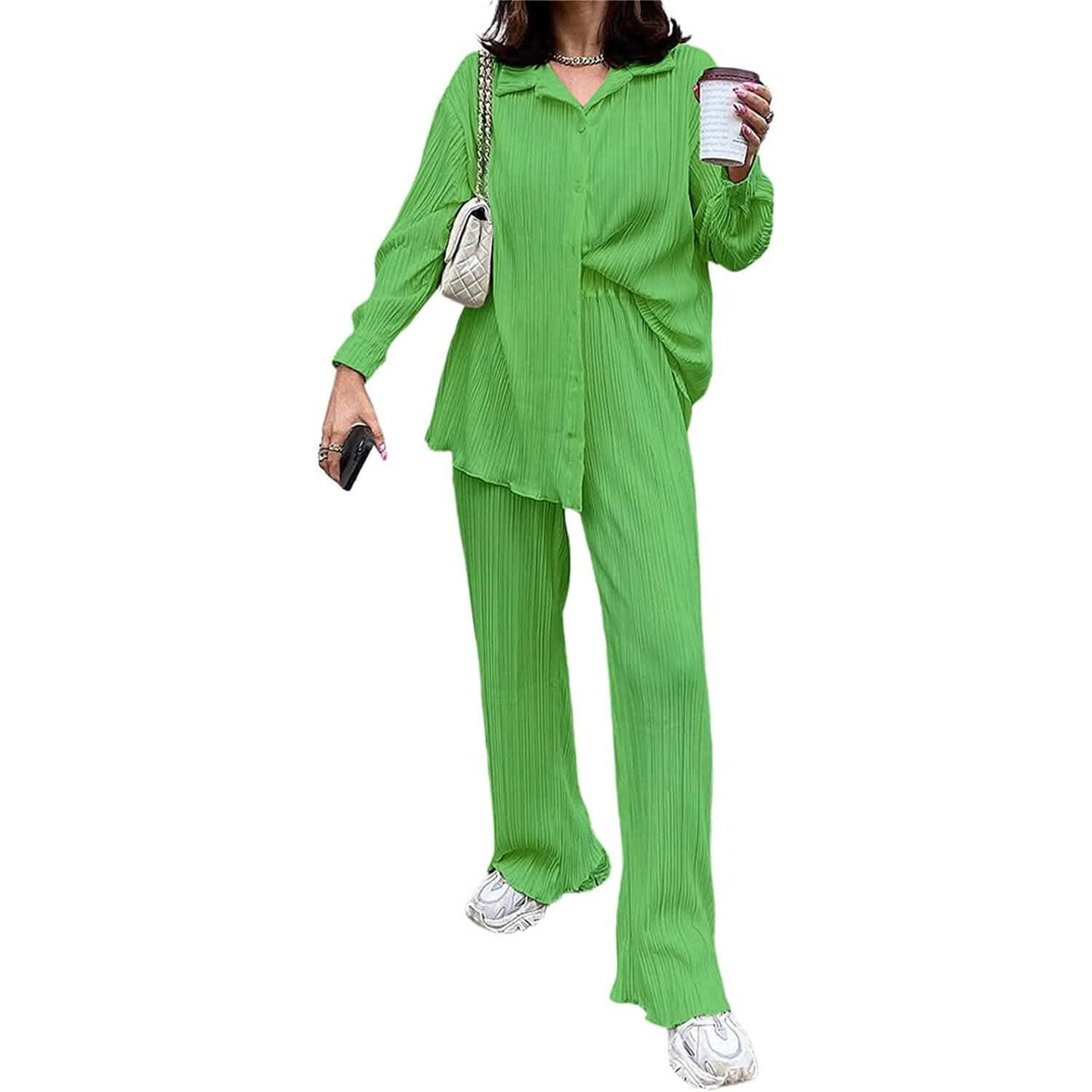 Damen lässige Langarm-Knopfbluse, weites Bein, lockere Streetwear, Loungewear