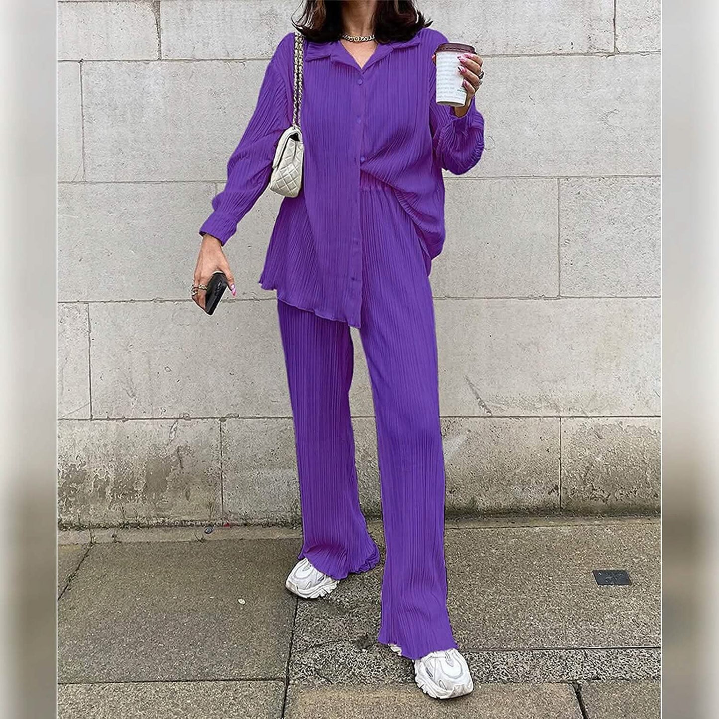 Damen lässige Langarm-Knopfbluse, weites Bein, lockere Streetwear, Loungewear