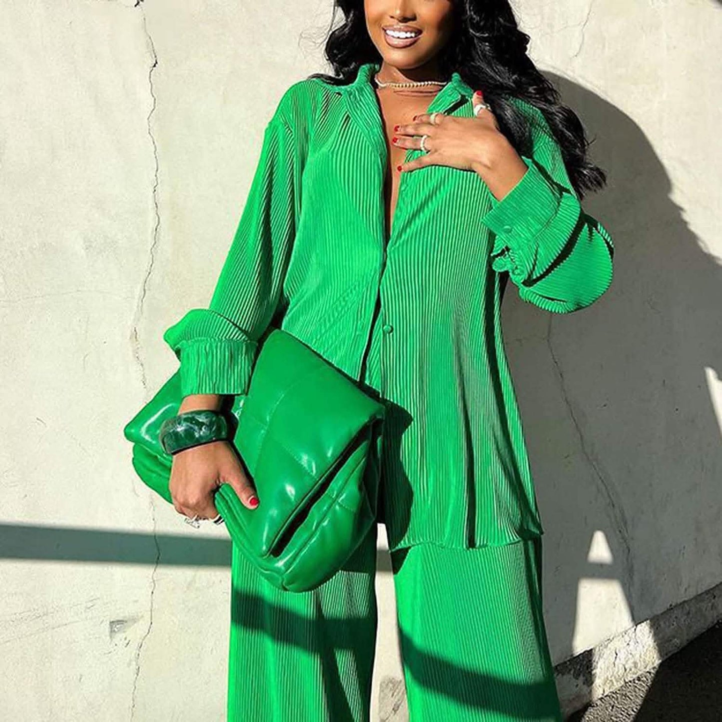Damen lässige Langarm-Knopfbluse, weites Bein, lockere Streetwear, Loungewear