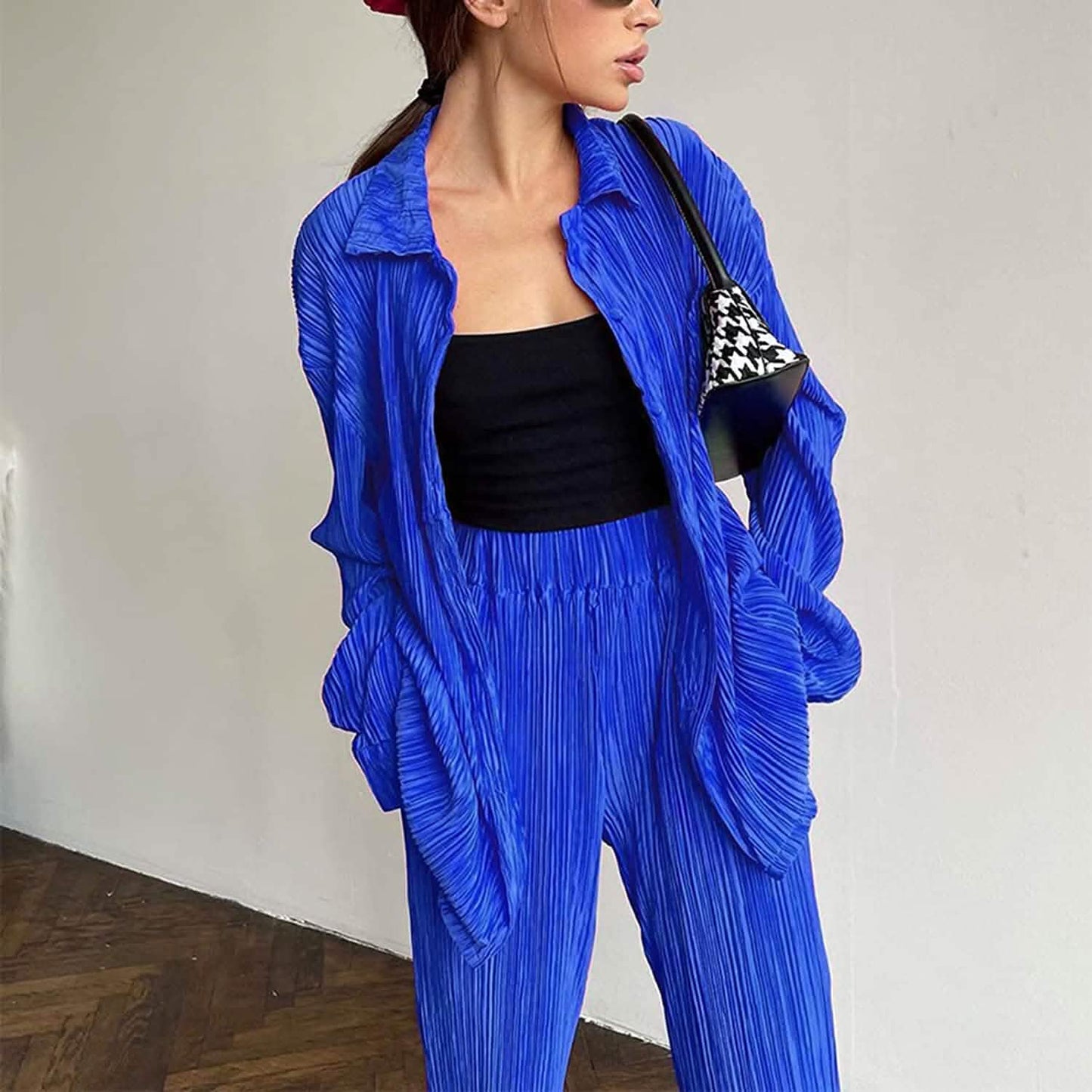Damen lässige Langarm-Knopfbluse, weites Bein, lockere Streetwear, Loungewear