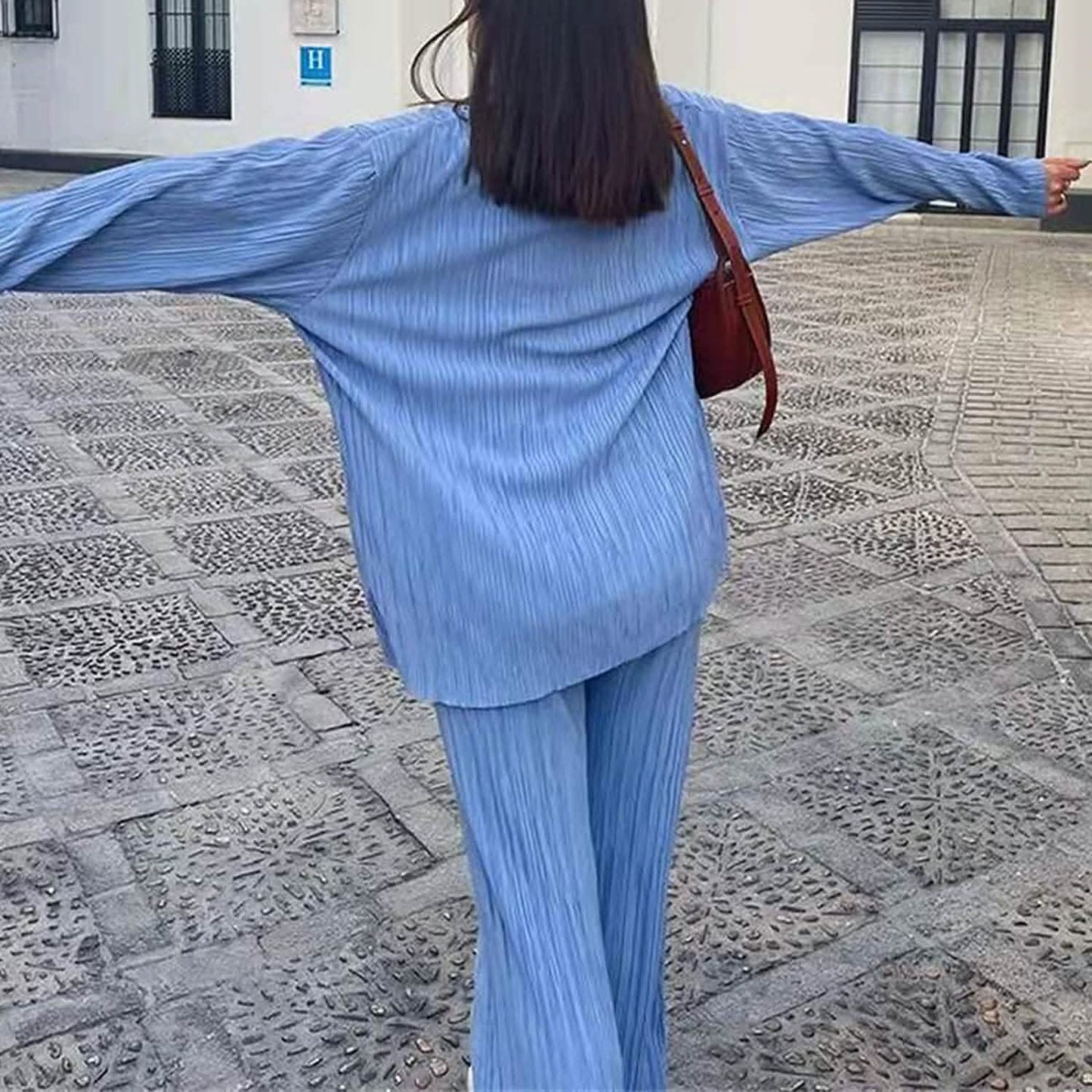 Damen lässige Langarm-Knopfbluse, weites Bein, lockere Streetwear, Loungewear
