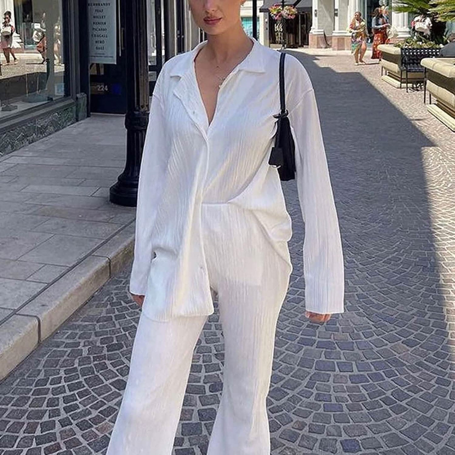 Damen lässige Langarm-Knopfbluse, weites Bein, lockere Streetwear, Loungewear