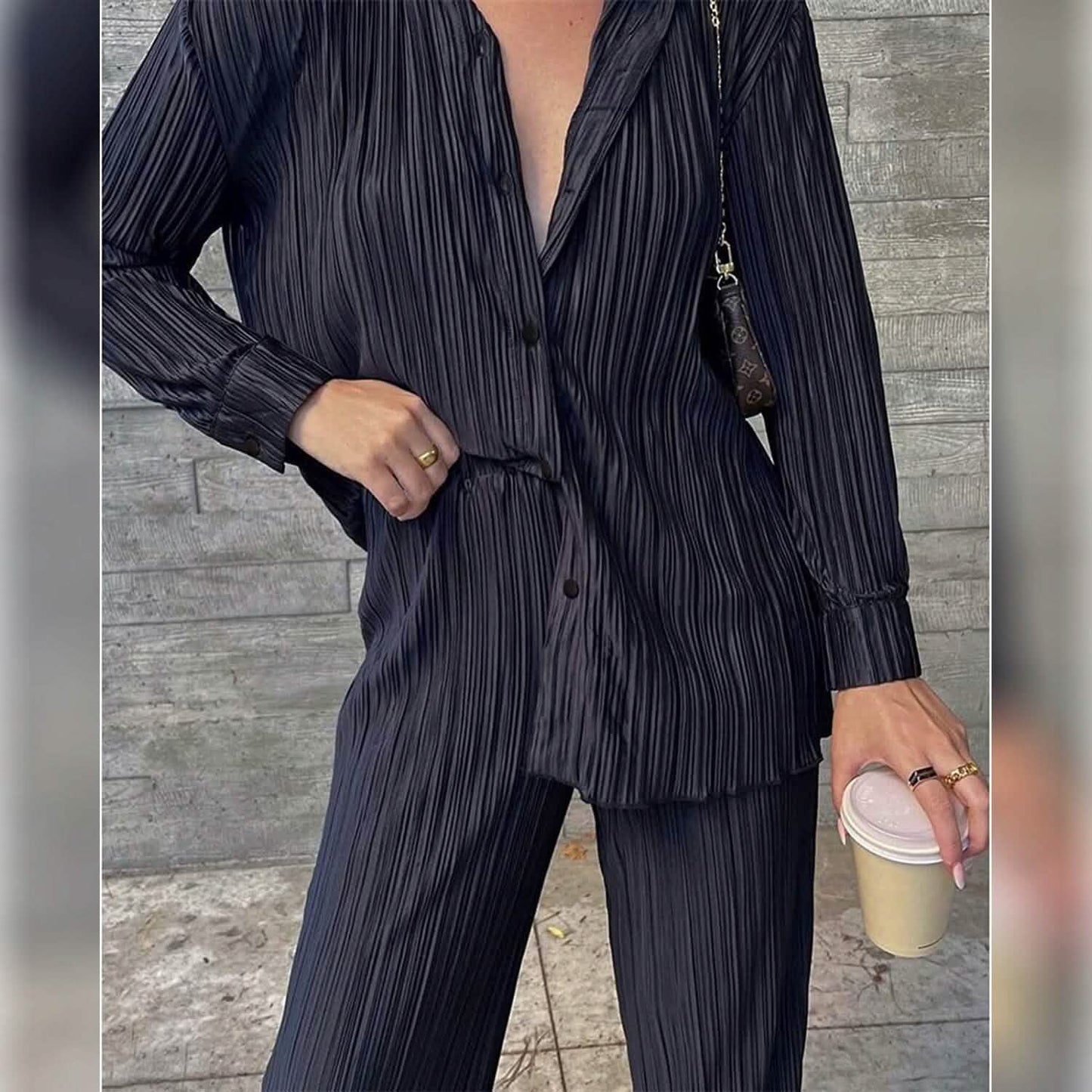 Damen lässige Langarm-Knopfbluse, weites Bein, lockere Streetwear, Loungewear