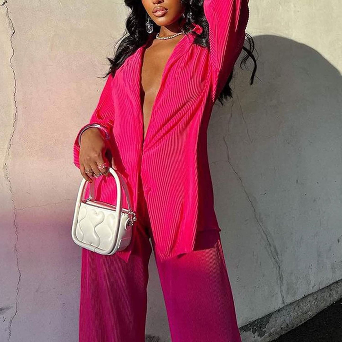 Damen lässige Langarm-Knopfbluse, weites Bein, lockere Streetwear, Loungewear