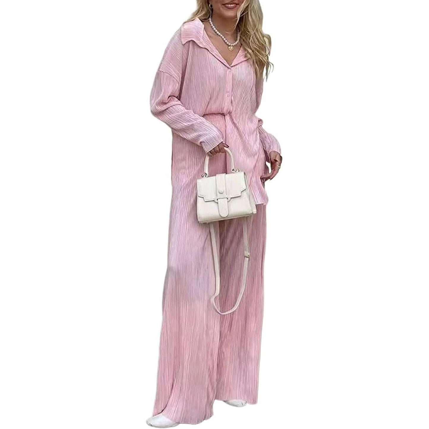 Damen lässige Langarm-Knopfbluse, weites Bein, lockere Streetwear, Loungewear