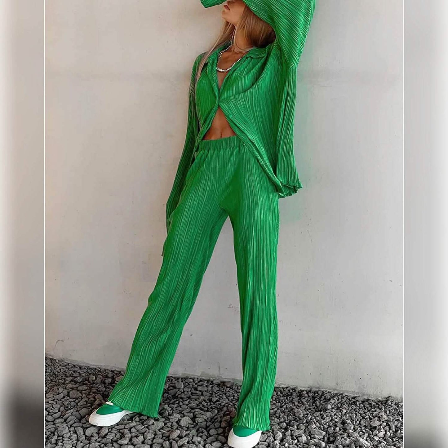 Damen lässige Langarm-Knopfbluse, weites Bein, lockere Streetwear, Loungewear