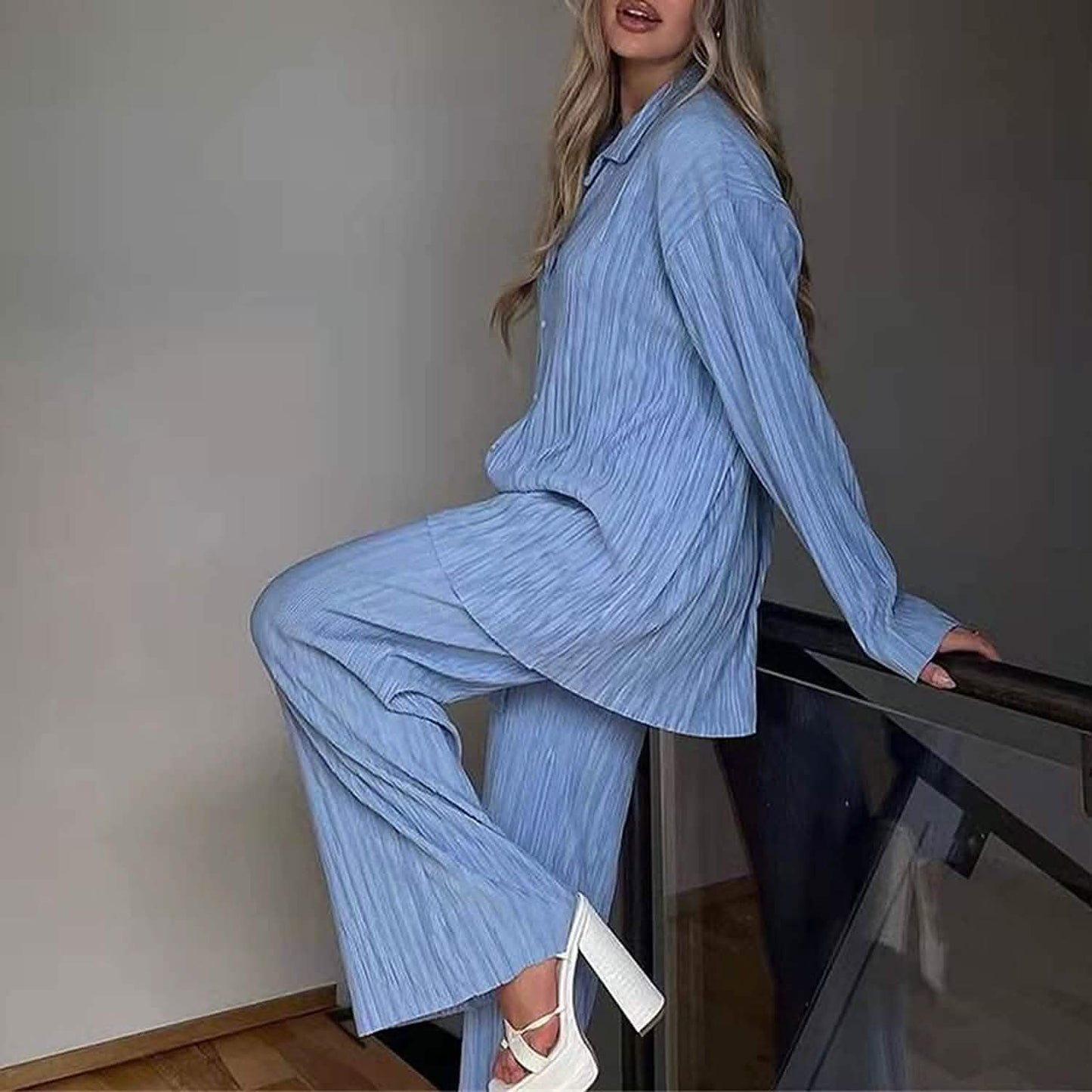Damen lässige Langarm-Knopfbluse, weites Bein, lockere Streetwear, Loungewear