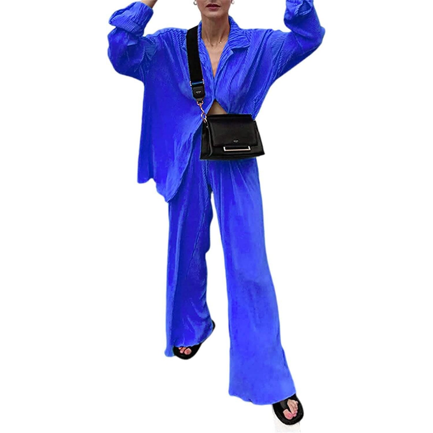 Damen lässige Langarm-Knopfbluse, weites Bein, lockere Streetwear, Loungewear