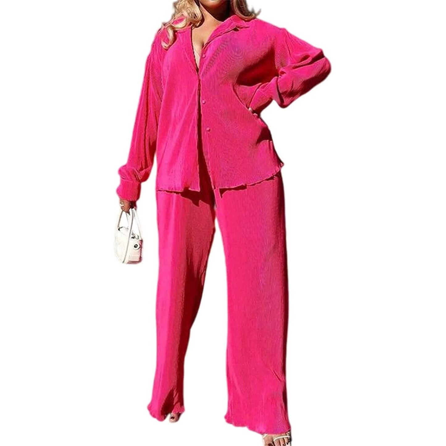 Damen lässige Langarm-Knopfbluse, weites Bein, lockere Streetwear, Loungewear