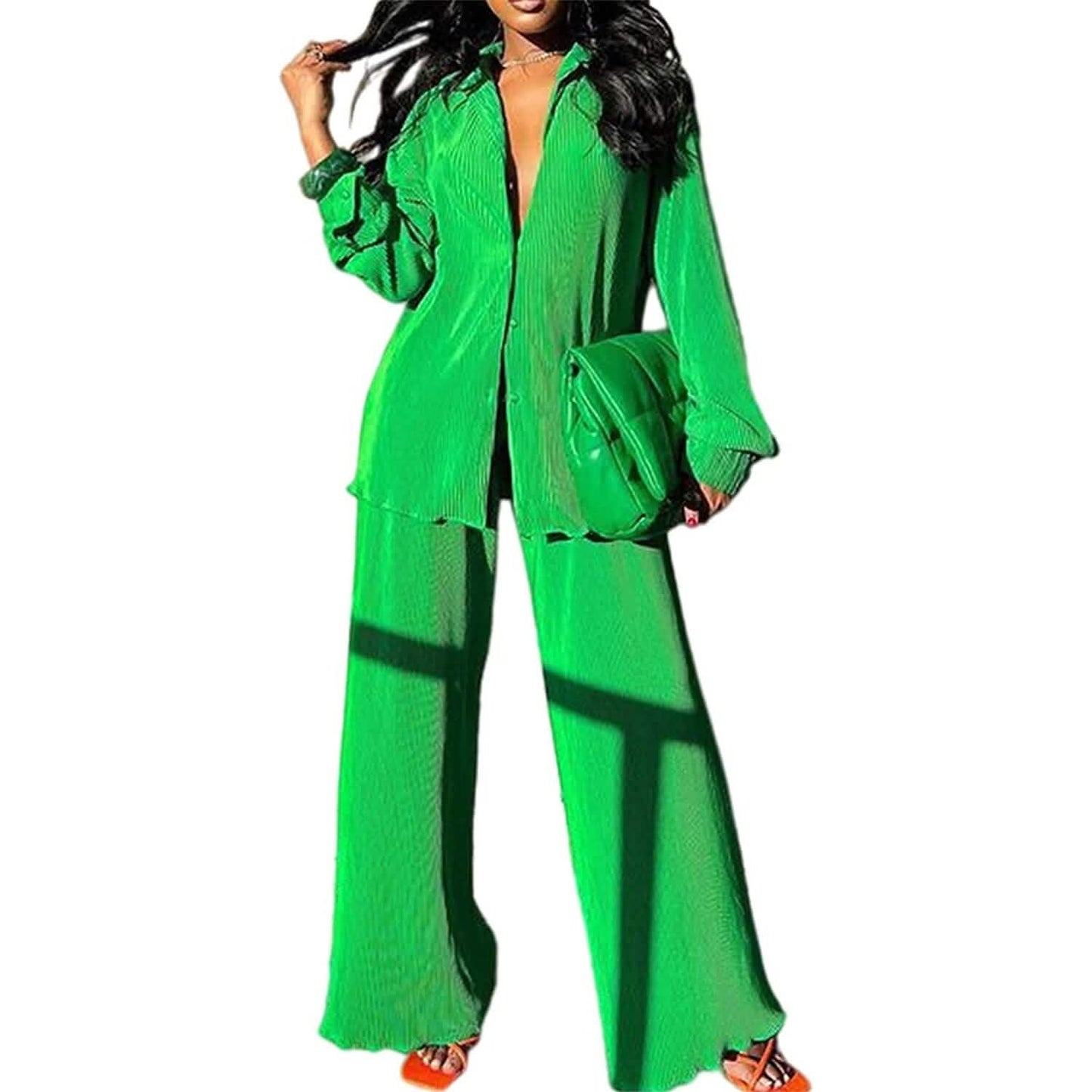 Damen lässige Langarm-Knopfbluse, weites Bein, lockere Streetwear, Loungewear