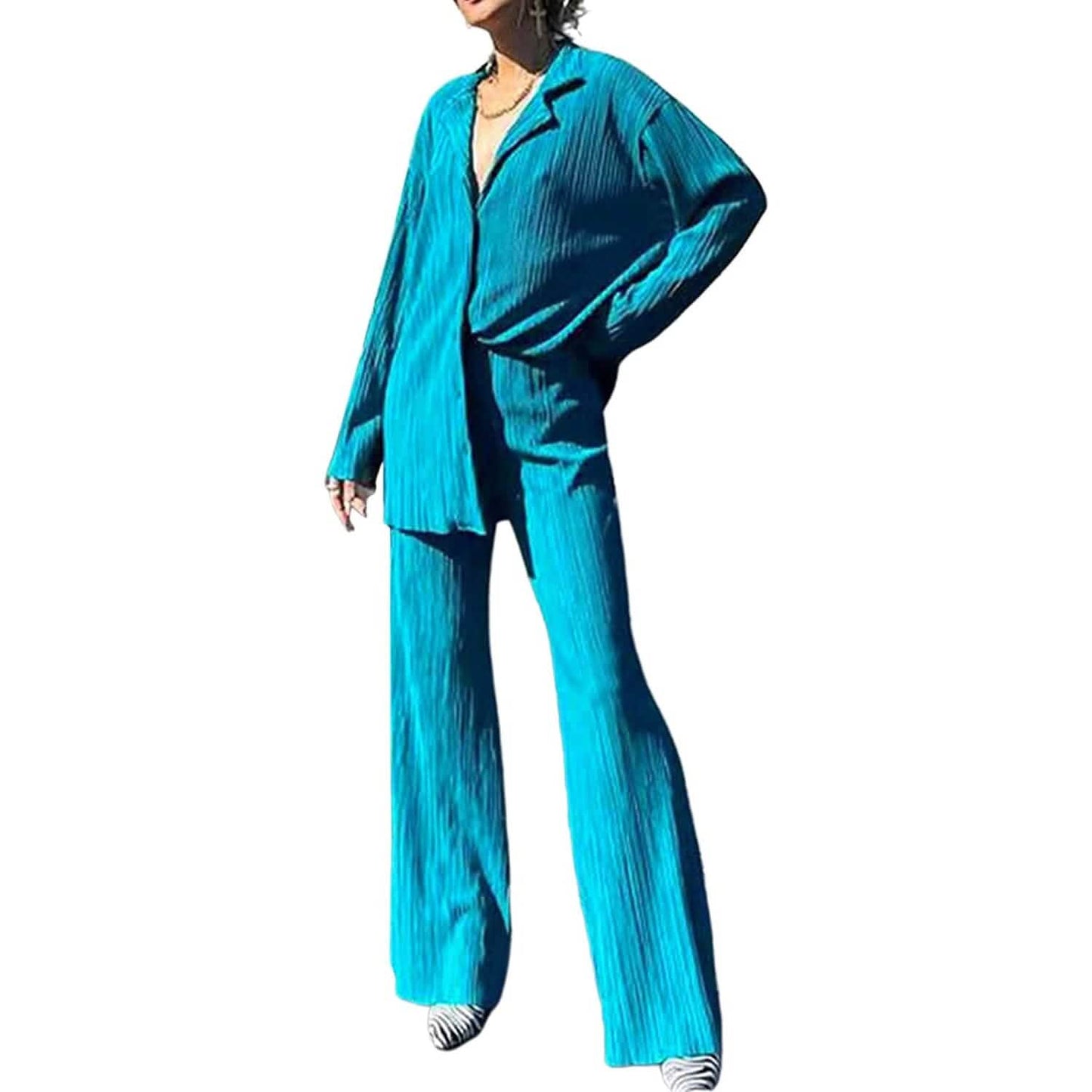 Damen lässige Langarm-Knopfbluse, weites Bein, lockere Streetwear, Loungewear