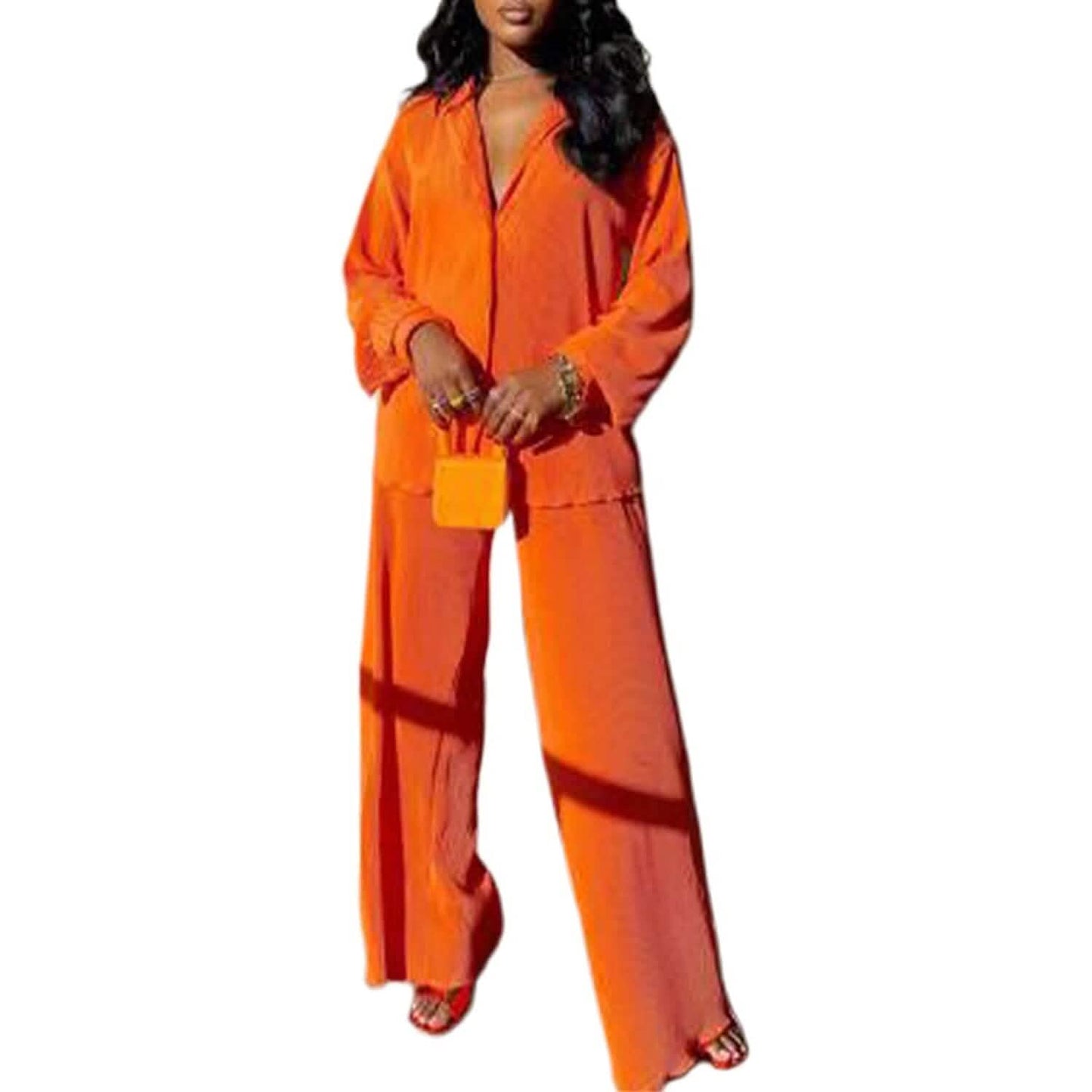 Damen lässige Langarm-Knopfbluse, weites Bein, lockere Streetwear, Loungewear