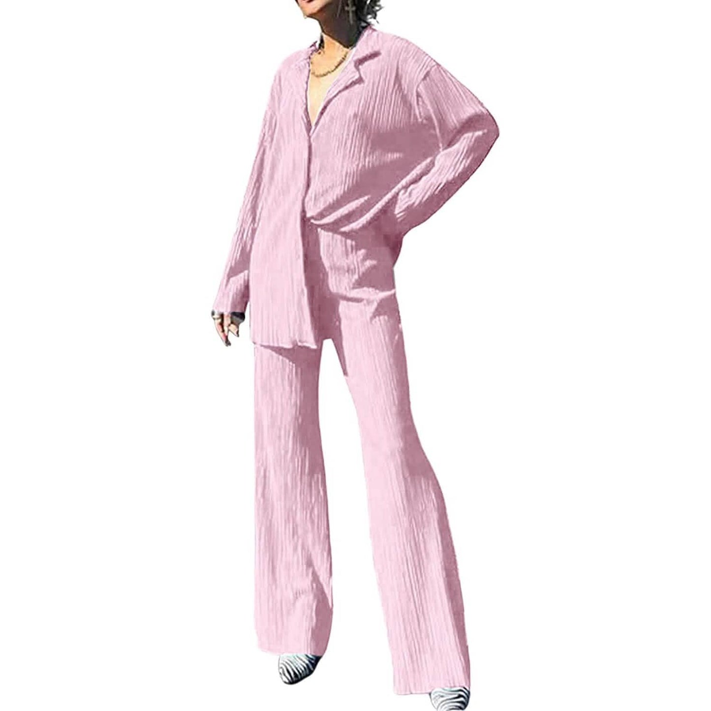 Damen lässige Langarm-Knopfbluse, weites Bein, lockere Streetwear, Loungewear