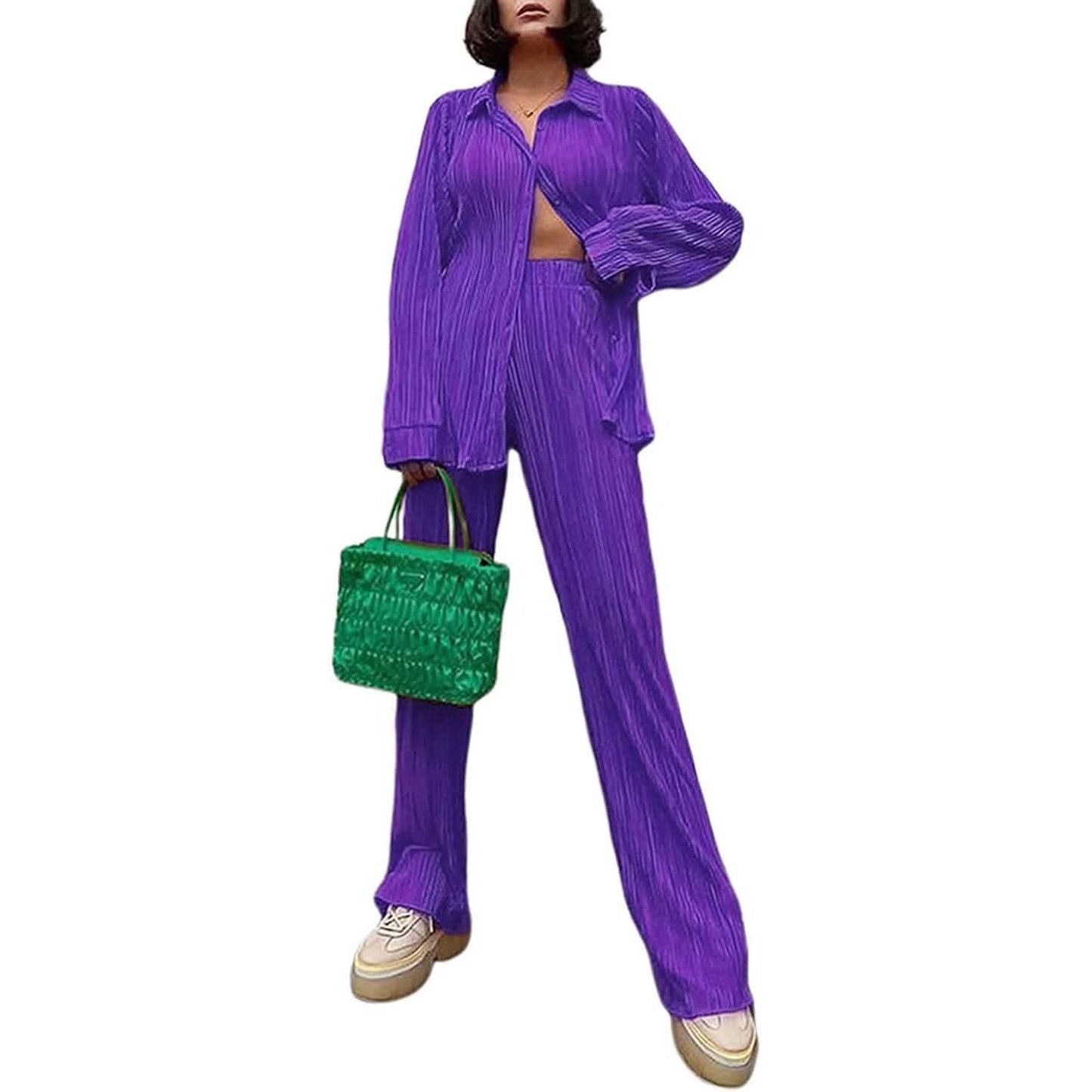 Damen lässige Langarm-Knopfbluse, weites Bein, lockere Streetwear, Loungewear